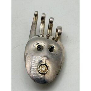 Vintage Silver SPORK Face Brooch Pendant Handcrafted Retro Modernist Spoon Fork